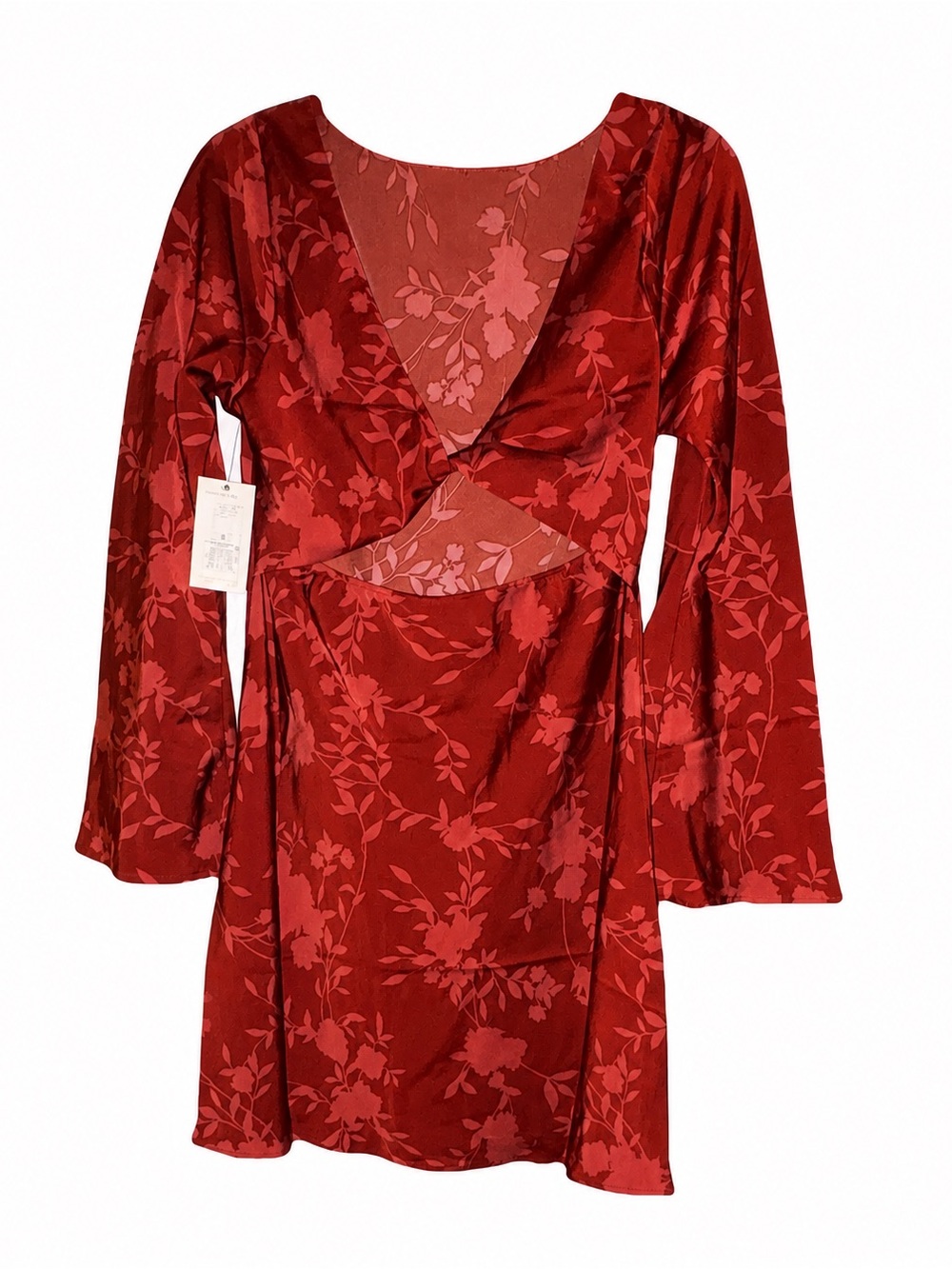 A New Day S Red  Floral Satin Cut Out Long Sleeve V-Neck Short Dress